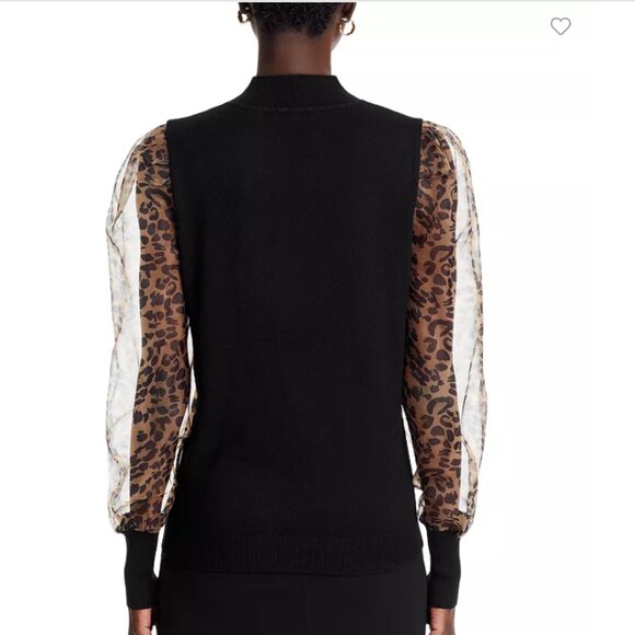 SALE! new SIONI Sheer Leopard Sleeve Black Wool Blend Mock Neck Top 252 - Picture 5 of 8
